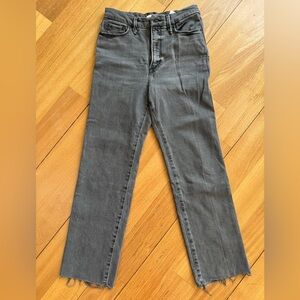 Good American high rise Grey women’s jeans size 6 , 28.  Straight leg raw hem.